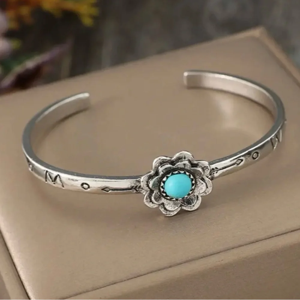 Silver Plated Floral Boho Bracelet with Turquoise Accent - Picture 1 of 5